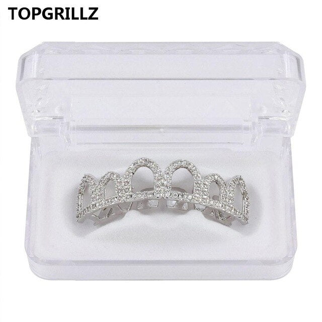 TOPGRILLZ Hip Hop Gold Color Plated Hollow Out Grillz Top &Bottom Teeth CZ Stone Micro Pave Exclusive Luxuries Set Ship From US