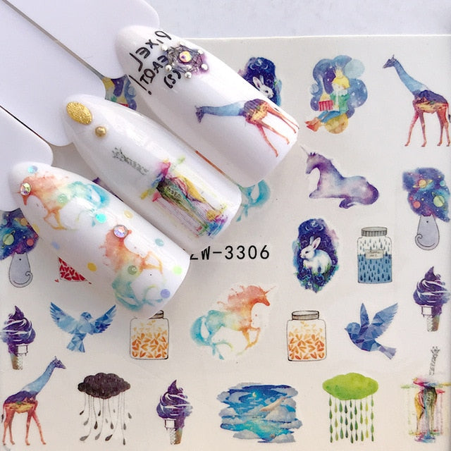 1 Sheet Water Nail Stickers Black Cartoon Animal Flamingo Fox Hollow Designs Sliders For Nail Decals DIY Manicure Decora