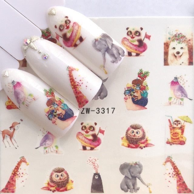 1 Sheet Water Nail Stickers Black Cartoon Animal Flamingo Fox Hollow Designs Sliders For Nail Decals DIY Manicure Decora