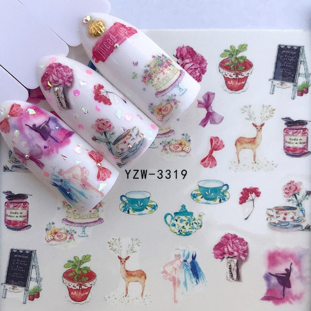 1 Sheet Water Nail Stickers Black Cartoon Animal Flamingo Fox Hollow Designs Sliders For Nail Decals DIY Manicure Decora
