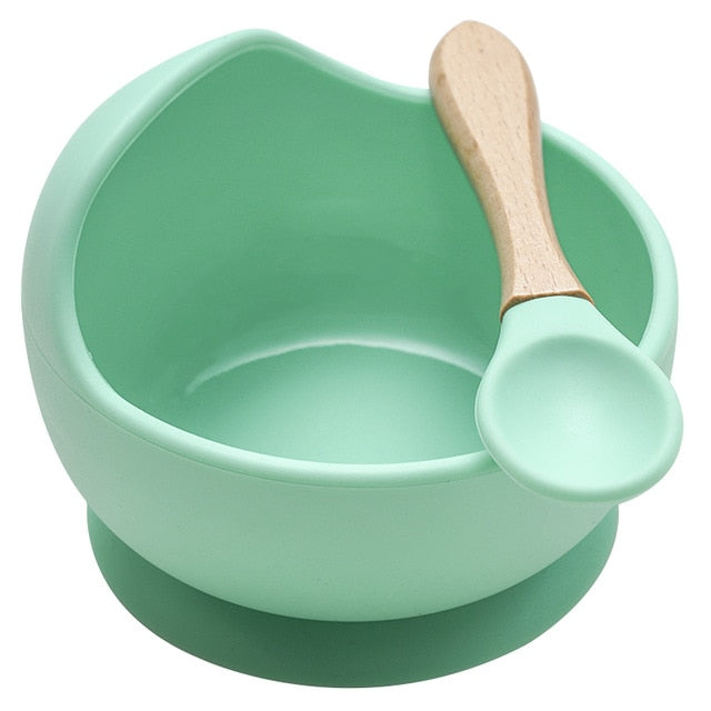22colors!!1set Silicone Baby Feeding Bowl Set Baby Learning Dishes Suction Bowl Set Wood Spoon Non-Slip