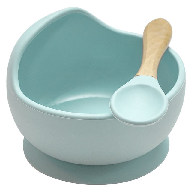 22colors!!1set Silicone Baby Feeding Bowl Set Baby Learning Dishes Suction Bowl Set Wood Spoon Non-Slip