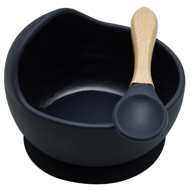 22colors!!1set Silicone Baby Feeding Bowl Set Baby Learning Dishes Suction Bowl Set Wood Spoon Non-Slip