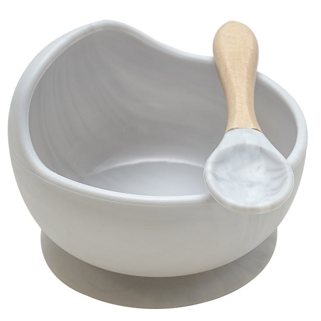 22colors!!1set Silicone Baby Feeding Bowl Set Baby Learning Dishes Suction Bowl Set Wood Spoon Non-Slip