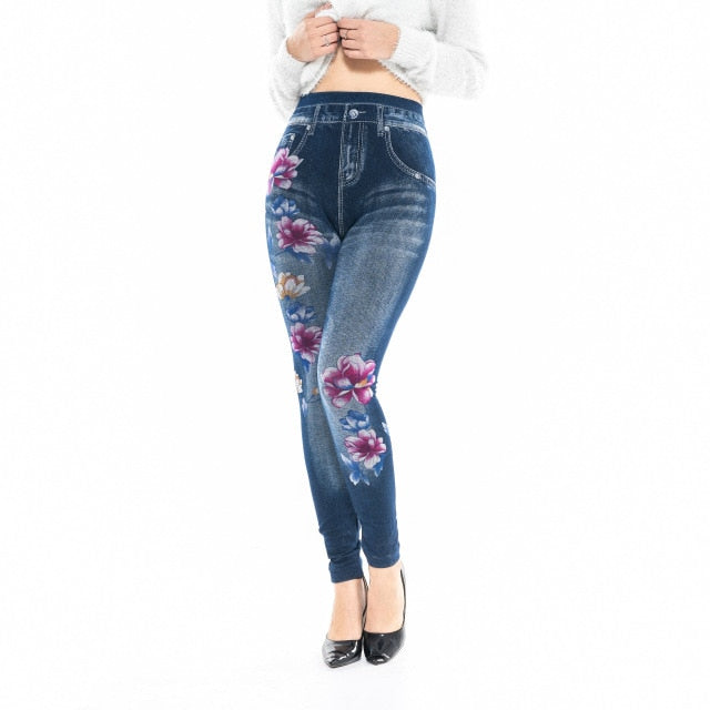 Fashion Slim Women Leggings Plus size Faux Denim Jeans Leggings Long Pocket Printing Summer Leggings Casual Pencil Pants