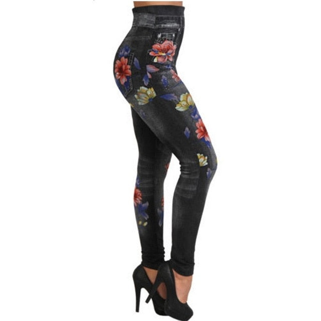 Fashion Slim Women Leggings Plus size Faux Denim Jeans Leggings Long Pocket Printing Summer Leggings Casual Pencil Pants