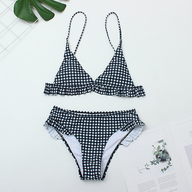 Summer New Plaid Sexy Bikini Set Push Up Ruffles Padded Swimwear Bikini Women Bathing Suit Beachwear Swimming Suit Set