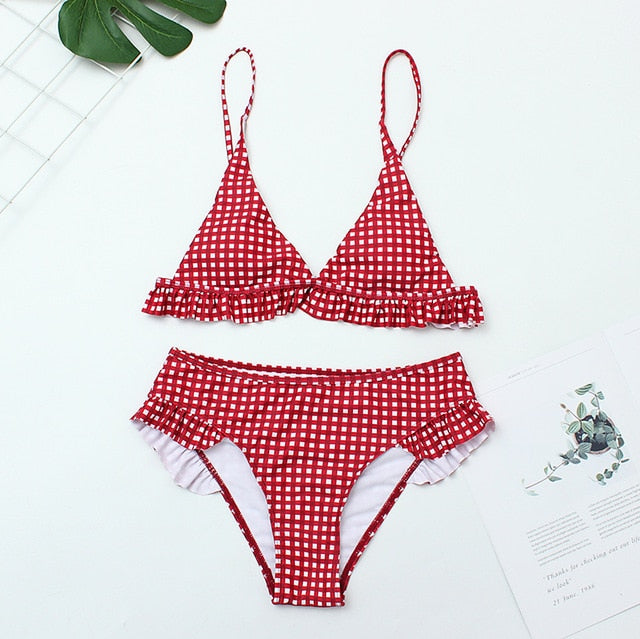 Summer New Plaid Sexy Bikini Set Push Up Ruffles Padded Swimwear Bikini Women Bathing Suit Beachwear Swimming Suit Set
