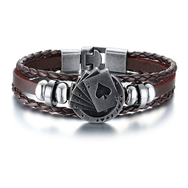 Vnox Lucky Vintage Men's Leather Bracelet Playing Cards Raja Vegas Charm Multilayer Braided Women Pulseira Masculina 7.87"