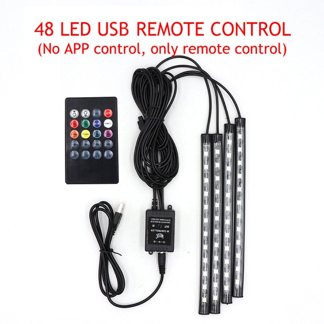 LED Car Foot Light Ambient Lamp With USB Wireless Remote Music Control Multiple Modes Automotive Interior Decorative Lights