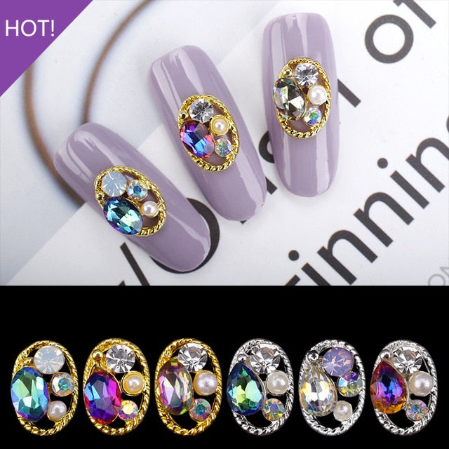 10PCS Hollow Oval Rhinestones Pearl Charms Beauty Glitter Nails Charms Jewelry Accessories Metal for 3D Nail Art Decoration Hot