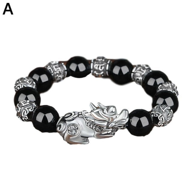 Bring Lucky Brave Wealth Men Black Obsidian Stone Buddhism Six Words Legendary Pixiu Bead Bracelet Amulet Jewelry