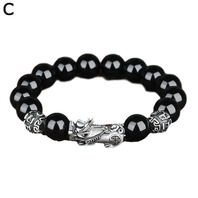 Bring Lucky Brave Wealth Men Black Obsidian Stone Buddhism Six Words Legendary Pixiu Bead Bracelet Amulet Jewelry