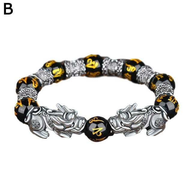 Bring Lucky Brave Wealth Men Black Obsidian Stone Buddhism Six Words Legendary Pixiu Bead Bracelet Amulet Jewelry