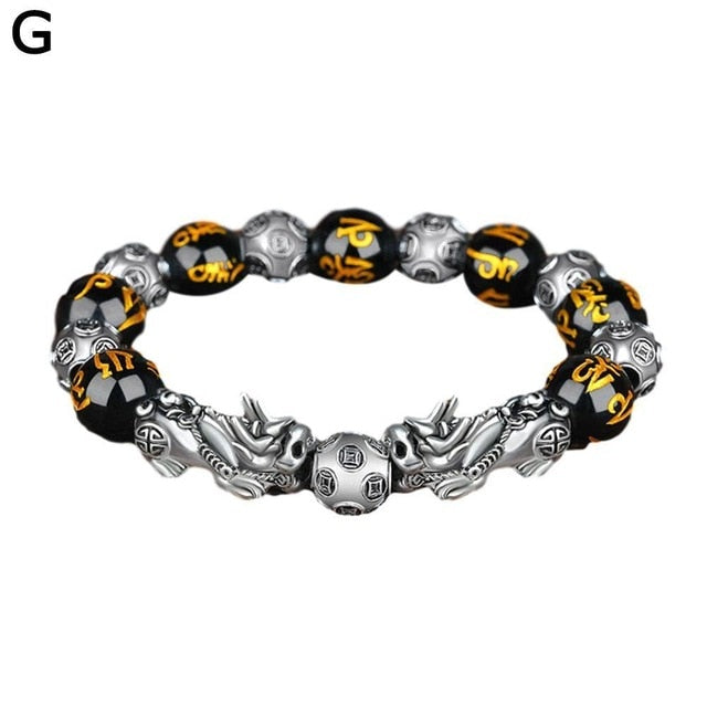 Bring Lucky Brave Wealth Men Black Obsidian Stone Buddhism Six Words Legendary Pixiu Bead Bracelet Amulet Jewelry