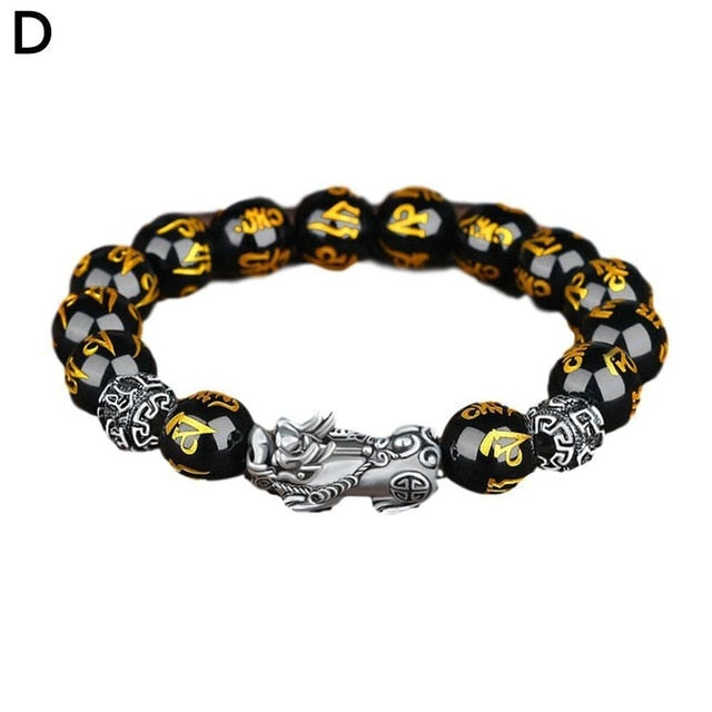 Bring Lucky Brave Wealth Men Black Obsidian Stone Buddhism Six Words Legendary Pixiu Bead Bracelet Amulet Jewelry