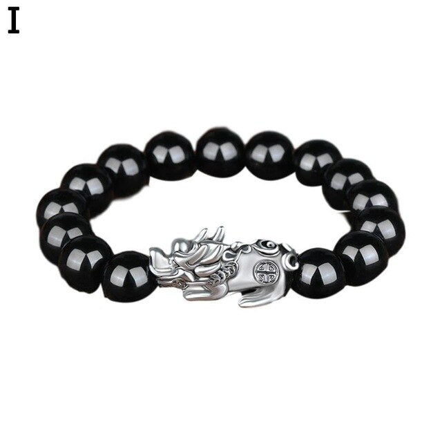 Bring Lucky Brave Wealth Men Black Obsidian Stone Buddhism Six Words Legendary Pixiu Bead Bracelet Amulet Jewelry
