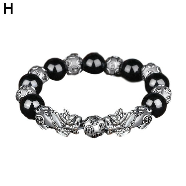Bring Lucky Brave Wealth Men Black Obsidian Stone Buddhism Six Words Legendary Pixiu Bead Bracelet Amulet Jewelry