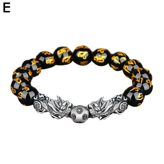Bring Lucky Brave Wealth Men Black Obsidian Stone Buddhism Six Words Legendary Pixiu Bead Bracelet Amulet Jewelry