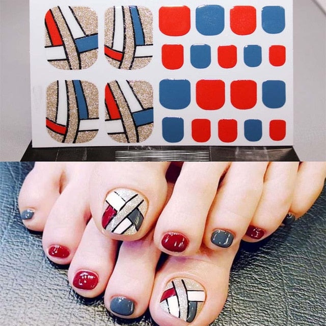 D34 Adhesive Toe Nail Sticker Glitter Summer Style Tips Full Cover Toe Nail Art Supplies Foot Decal for Women Girls Drop Ship