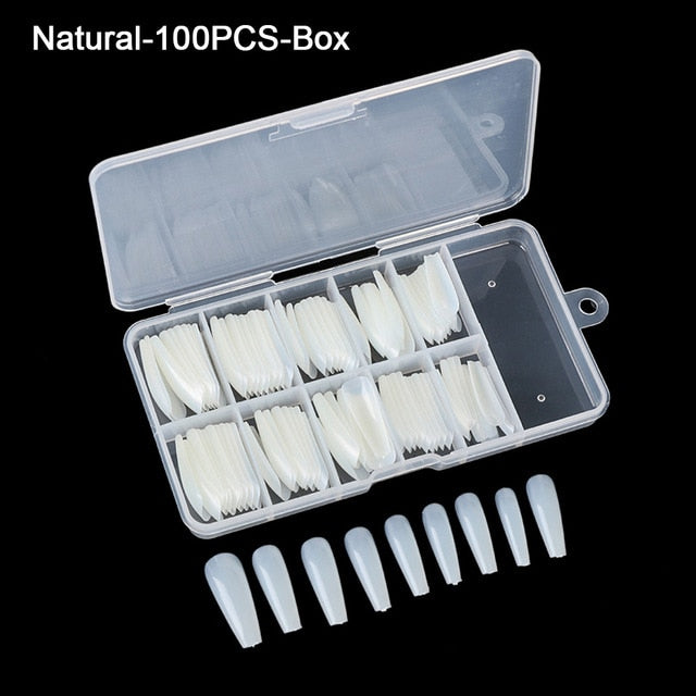 100pcs/box Full Cover Fake Nail Artificial Press on Long Ballerina Clear/Natural/white False Coffin Nails Art Tips Manicure Tool