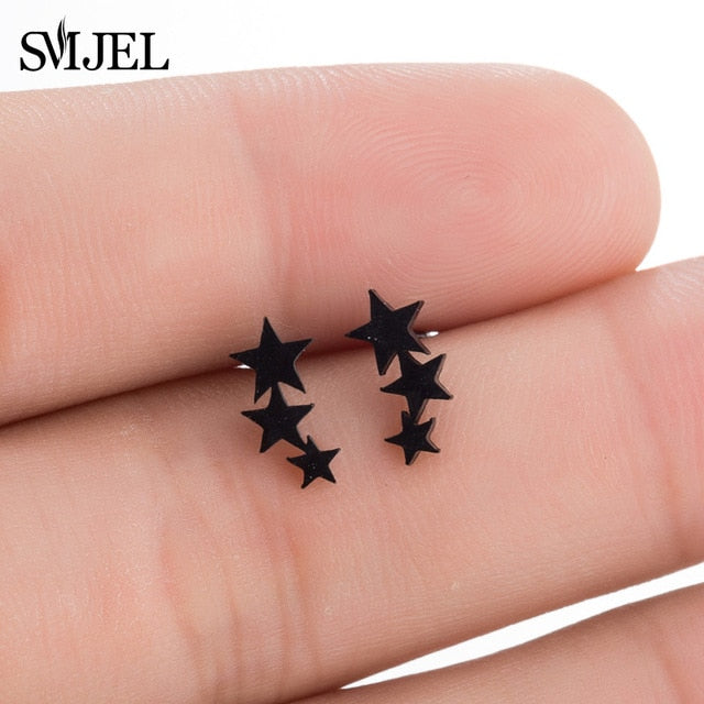 SMJEL Stainless Steel Earrings Geometric Women Men Hip hop Black Star Moon Stud Earring Fashion Jewelry Best Gift for Friend