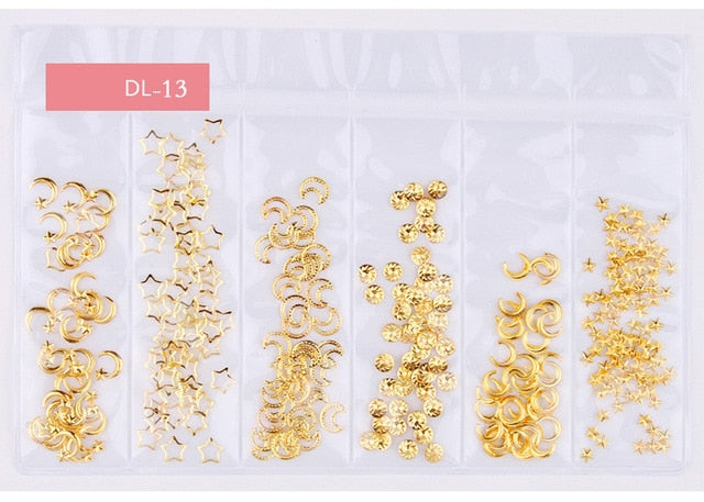 Star Month Hollow Gold and Silver Nail Art Metal Shell 3D Nail Decoration Studs Rhinestones Nail Art Design Charms Stone 1 Bag