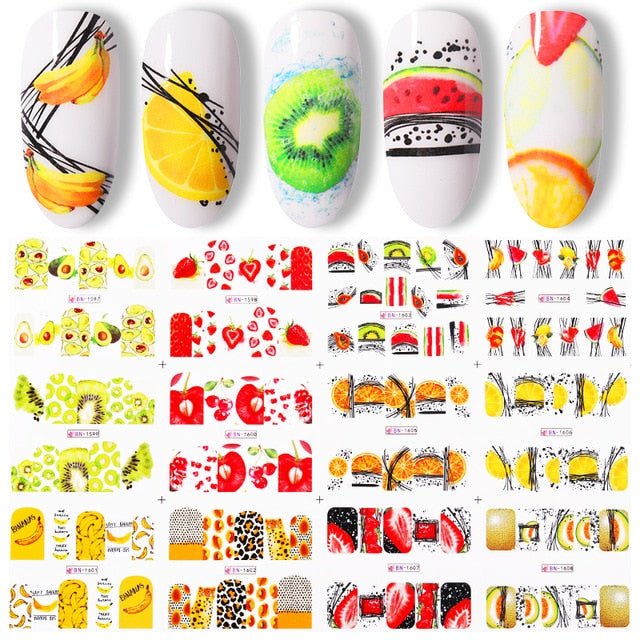 12 Designs Nail Stickers Set Mixed Floral Geometric Nail Art Water Transfer Decals Sliders Flower Leaves Manicures Decoration