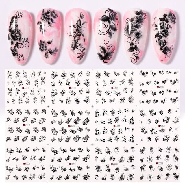 12 Designs Nail Stickers Set Mixed Floral Geometric Nail Art Water Transfer Decals Sliders Flower Leaves Manicures Decoration