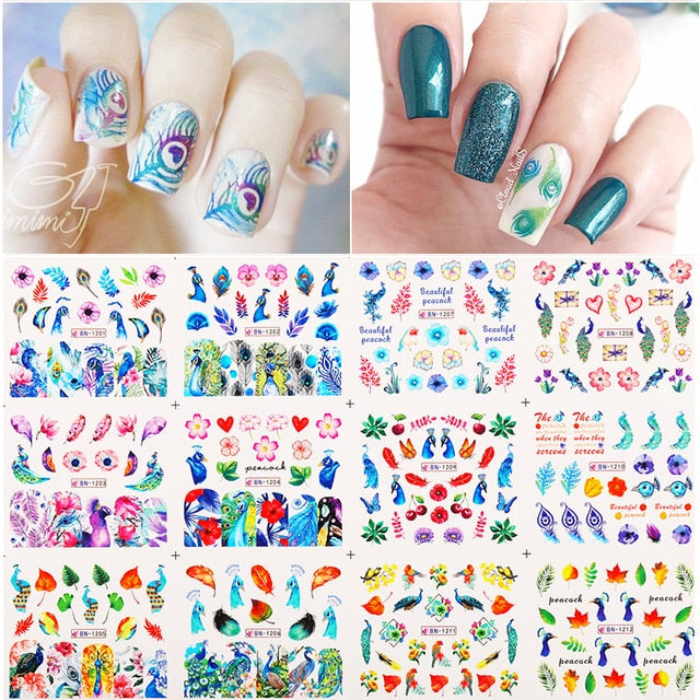 12 Designs Nail Stickers Set Mixed Floral Geometric Nail Art Water Transfer Decals Sliders Flower Leaves Manicures Decoration