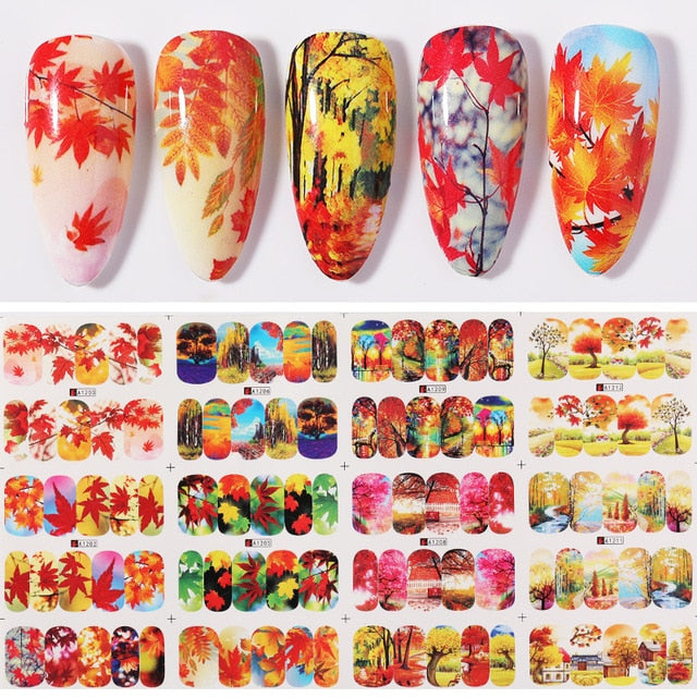 12 Designs Nail Stickers Set Mixed Floral Geometric Nail Art Water Transfer Decals Sliders Flower Leaves Manicures Decoration
