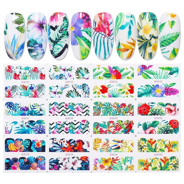12 Designs Nail Stickers Set Mixed Floral Geometric Nail Art Water Transfer Decals Sliders Flower Leaves Manicures Decoration