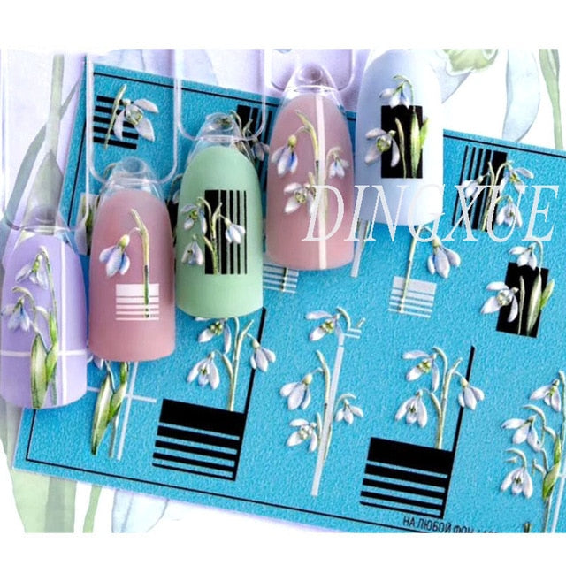 1pc 3D Acrylic Engraved Nail Sticker Embossed White&Pink Color Flower Water Decals Empaistic Nail Water Slide Decals Z0342