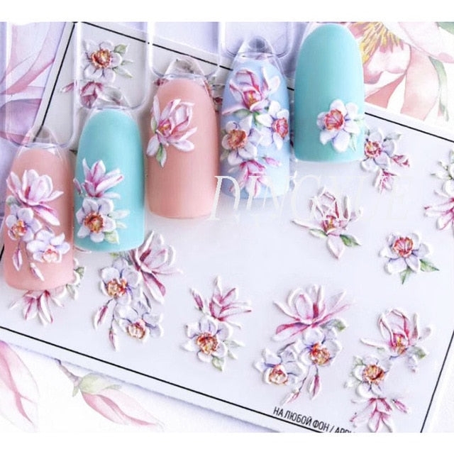 1pc 3D Acrylic Engraved Nail Sticker Embossed White&Pink Color Flower Water Decals Empaistic Nail Water Slide Decals Z0342