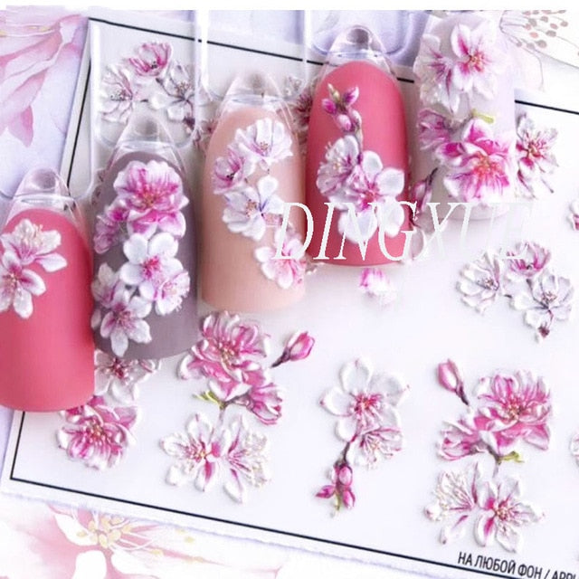 1pc 3D Acrylic Engraved Nail Sticker Embossed White&Pink Color Flower Water Decals Empaistic Nail Water Slide Decals Z0342