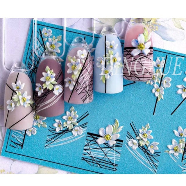 1pc 3D Acrylic Engraved Nail Sticker Embossed White&Pink Color Flower Water Decals Empaistic Nail Water Slide Decals Z0342