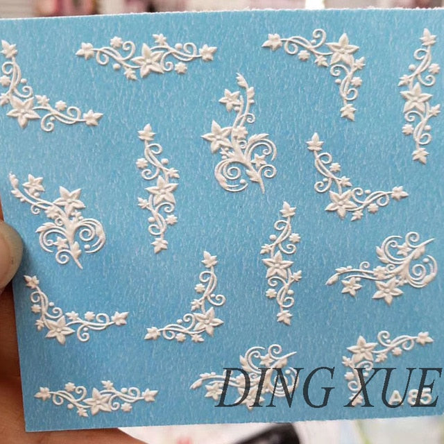 1pc 3D Acrylic Engraved Nail Sticker Embossed White&Pink Color Flower Water Decals Empaistic Nail Water Slide Decals Z0342