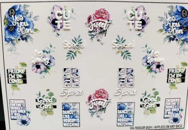 1pc 3D Acrylic Engraved Nail Sticker Embossed White&Pink Color Flower Water Decals Empaistic Nail Water Slide Decals Z0342