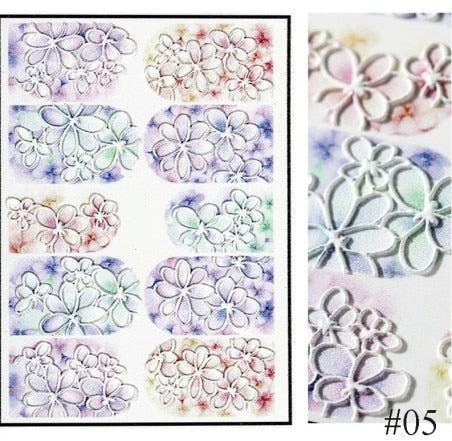 1pc 3D Acrylic Engraved Nail Sticker Embossed White&Pink Color Flower Water Decals Empaistic Nail Water Slide Decals Z0342