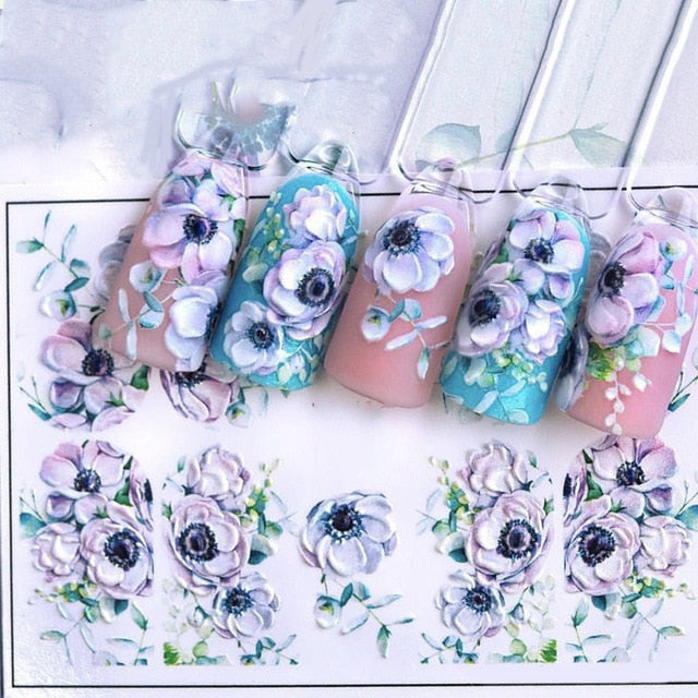 1pc 3D Acrylic Engraved Nail Sticker Embossed White&Pink Color Flower Water Decals Empaistic Nail Water Slide Decals Z0342