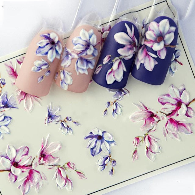 1pc 3D Acrylic Engraved Nail Sticker Embossed White&Pink Color Flower Water Decals Empaistic Nail Water Slide Decals Z0342