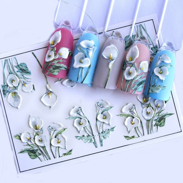 1pc 3D Acrylic Engraved Nail Sticker Embossed White&Pink Color Flower Water Decals Empaistic Nail Water Slide Decals Z0342