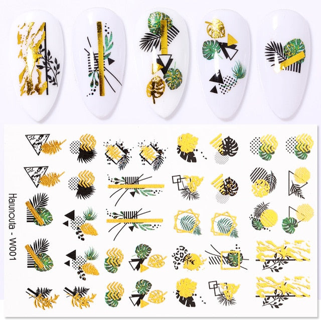 12 Designs Nail Stickers Set Mixed Floral Geometric Nail Art Water Transfer Decals Sliders Flower Leaves Manicures Decoration