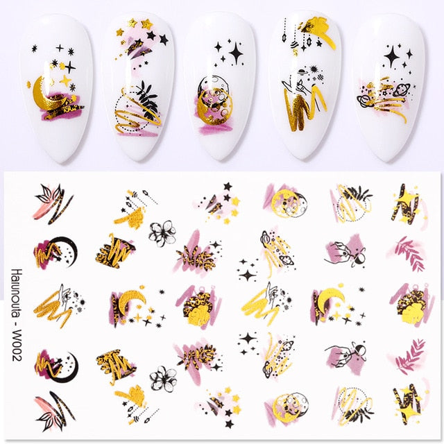 12 Designs Nail Stickers Set Mixed Floral Geometric Nail Art Water Transfer Decals Sliders Flower Leaves Manicures Decoration
