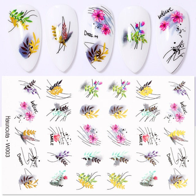 12 Designs Nail Stickers Set Mixed Floral Geometric Nail Art Water Transfer Decals Sliders Flower Leaves Manicures Decoration