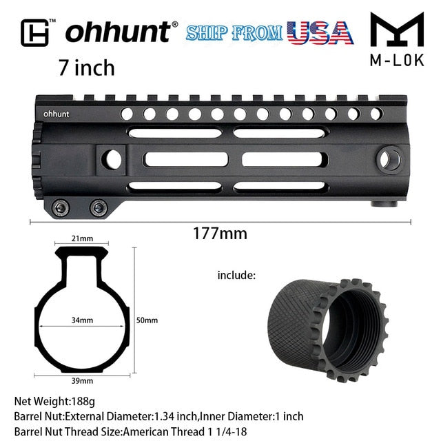 SHIP FROM USA ohhunt 7" 10" 12" 15" AR15 Slim Style Free Float M-LOK Handguard Steel Barrel Nut lightweight