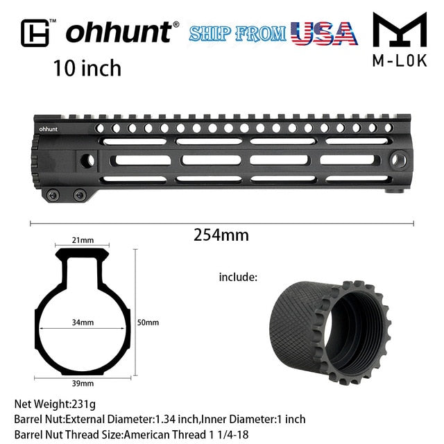 SHIP FROM USA ohhunt 7" 10" 12" 15" AR15 Slim Style Free Float M-LOK Handguard Steel Barrel Nut lightweight
