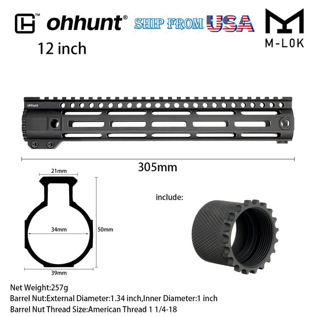 SHIP FROM USA ohhunt 7" 10" 12" 15" AR15 Slim Style Free Float M-LOK Handguard Steel Barrel Nut lightweight