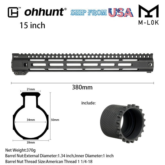 SHIP FROM USA ohhunt 7" 10" 12" 15" AR15 Slim Style Free Float M-LOK Handguard Steel Barrel Nut lightweight