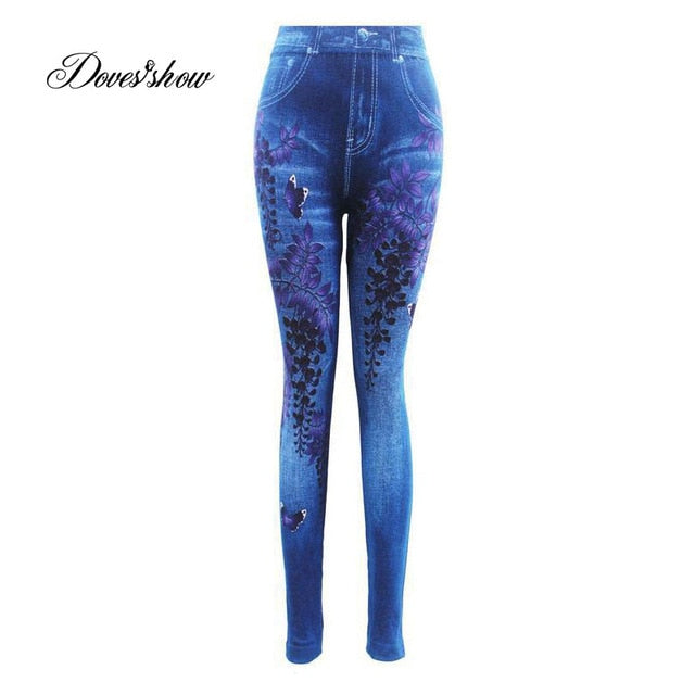 Fashion Slim Women Leggings Plus size Faux Denim Jeans Leggings Long Pocket Printing Summer Leggings Casual Pencil Pants